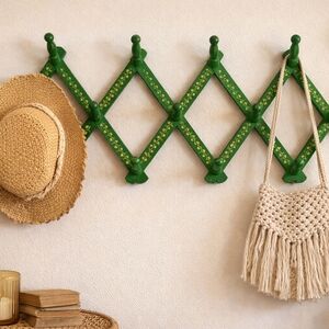 RARE Vintage Accordion Wall Rack Green Folk Art Coat Hooks
